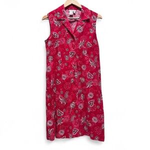 Vintage Coldwater Creek Linen Rayon Red Bandana Sleeveless Dress Sz 12 Petite